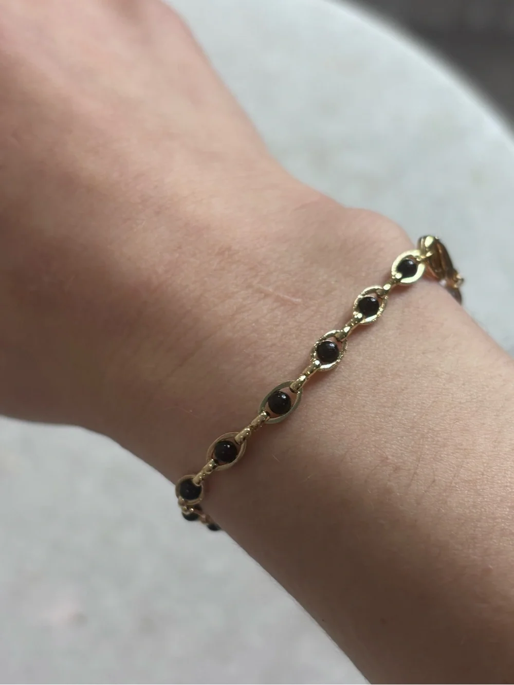 Gold Bracelet with Onyx Stones - Women's Elegant Link Bracelet